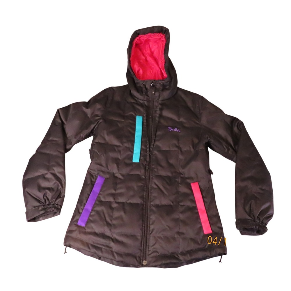 Bula Puffer Ski/Snowboard Jacket Womens Medium Black Neon Hooded Winter